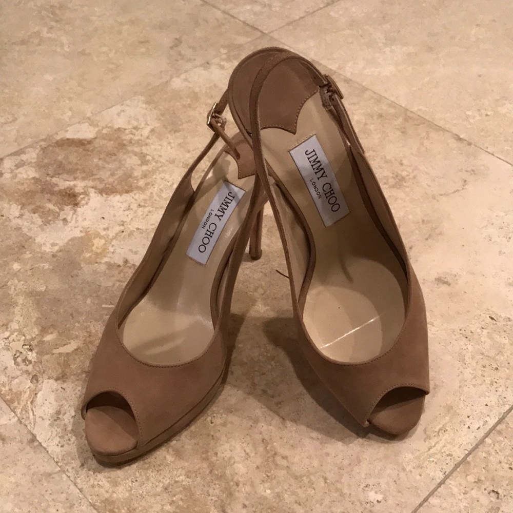 Nude Suede Slingback Peep Toe Medium High Heels